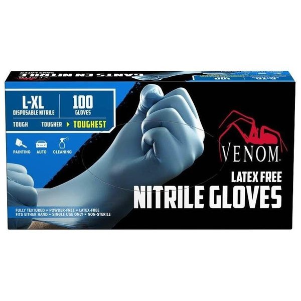 Venom Steel Nitrile Disposable Gloves, 3 mil Palm, Nitrile, Powder-Free, L/XL, Blue VEN4145